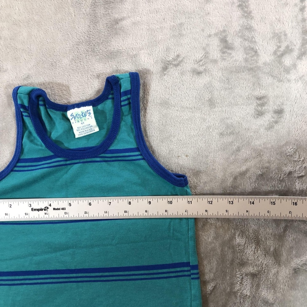 Vintage Sprockets Tank Top Boys 4T Green Blue Stripe Made USA Single Stitch - Picture 5 of 11
